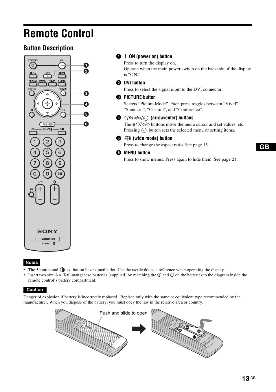 Remote control, Button description | Sony FWD-S42E1 User Manual | Page 53 / 255