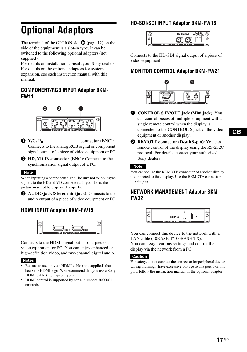 Optional adaptors | Sony FWD-S42E1 User Manual | Page 57 / 255