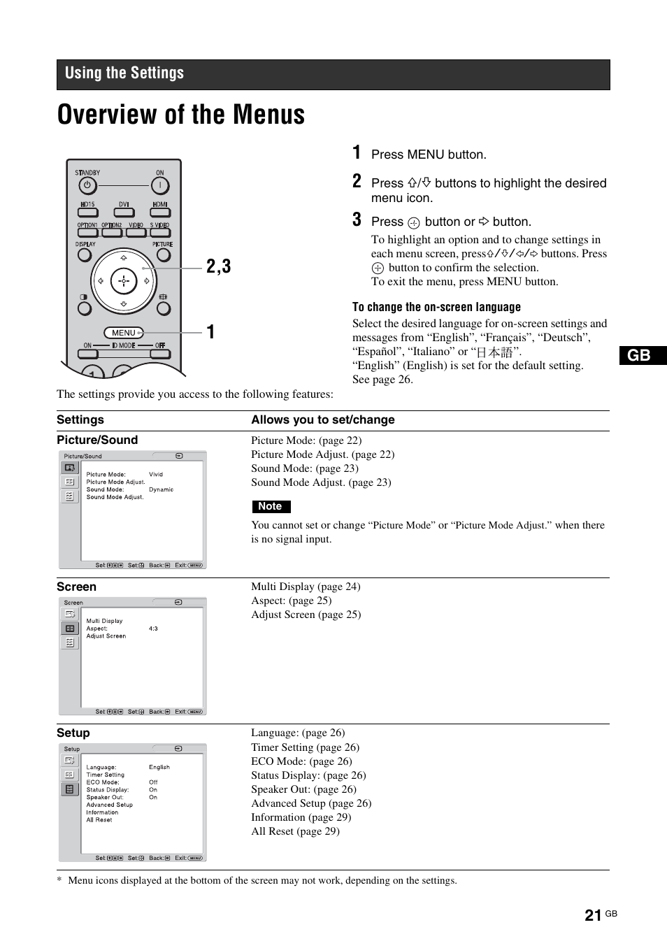 Using the settings, Overview of the menus | Sony FWD-S42E1 User Manual | Page 61 / 255