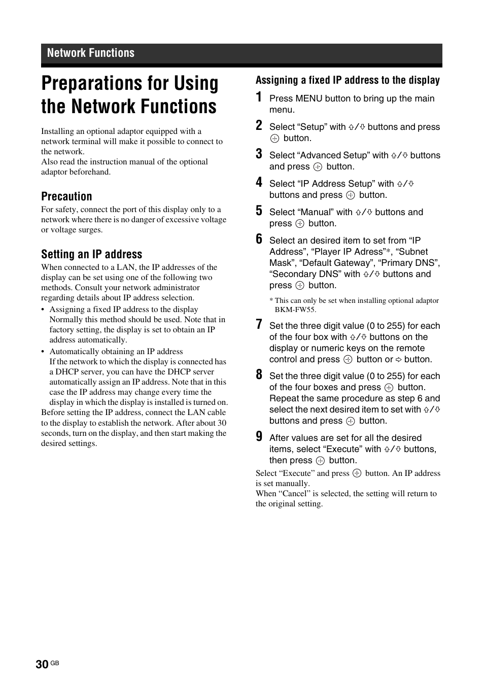 Network functions, Preparations for using the network functions | Sony FWD-S42E1 User Manual | Page 70 / 255