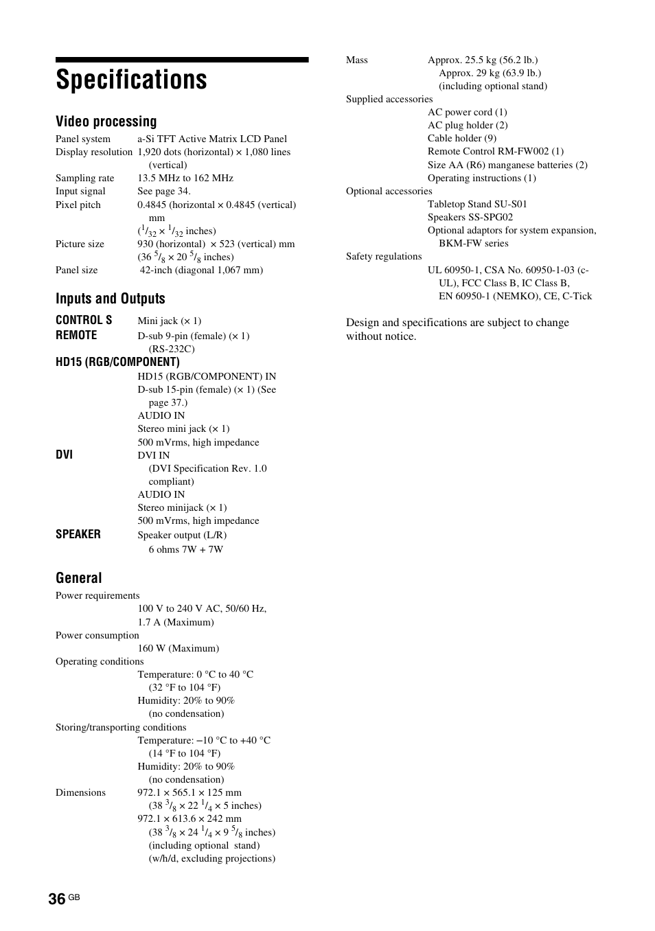 Specifications, Video processing, Inputs and outputs | General | Sony FWD-S42E1 User Manual | Page 76 / 255