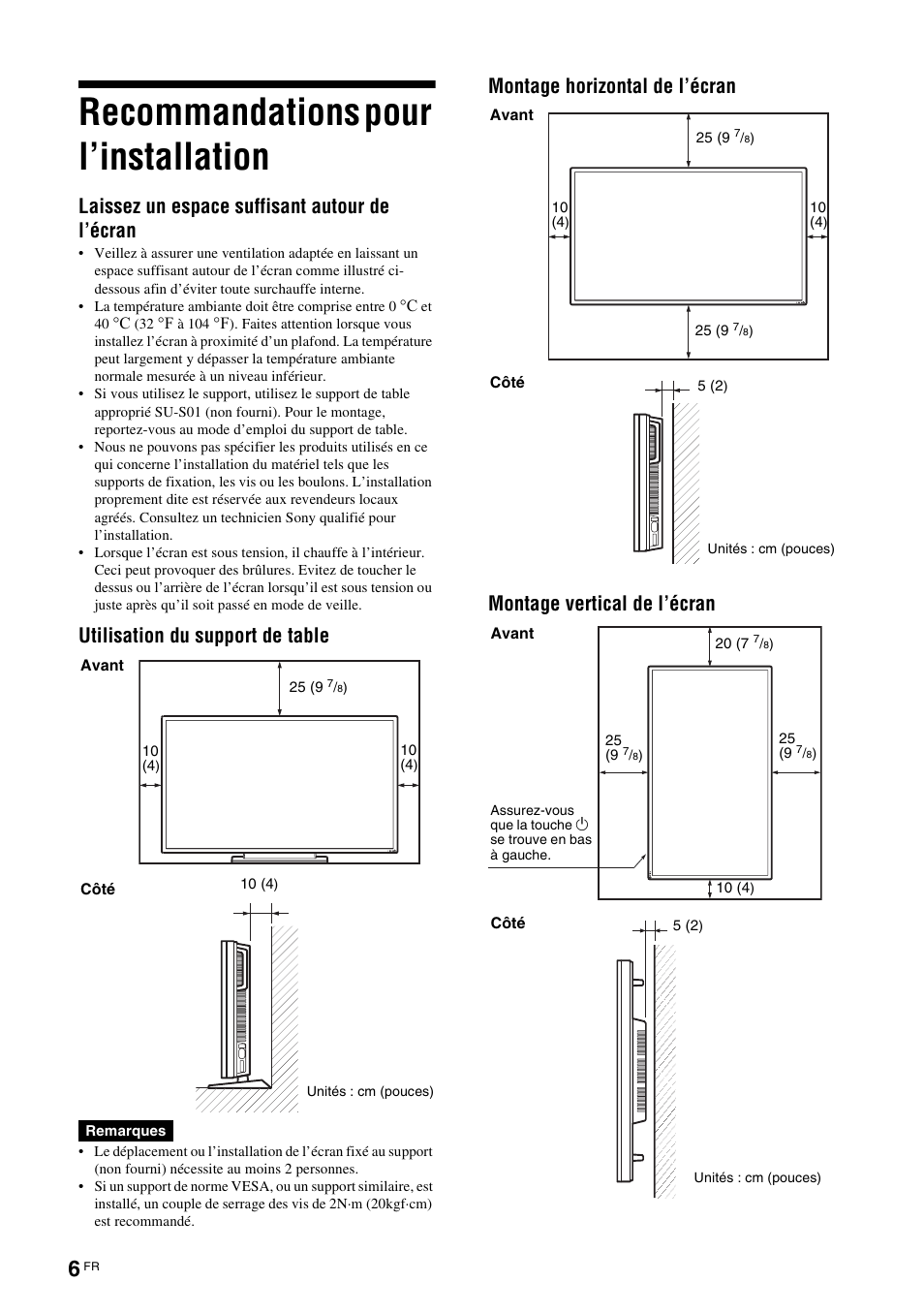 Recommandations pour l’installation, Laissez un espace suffisant autour de l’écran, Utilisation du support de table | Sony FWD-S42E1 User Manual | Page 84 / 255