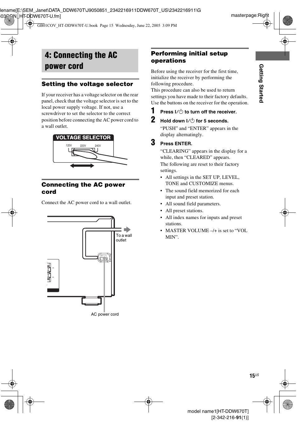 Connecting the ac power cord | Sony HT-DDW670T User Manual | Page 15 / 44