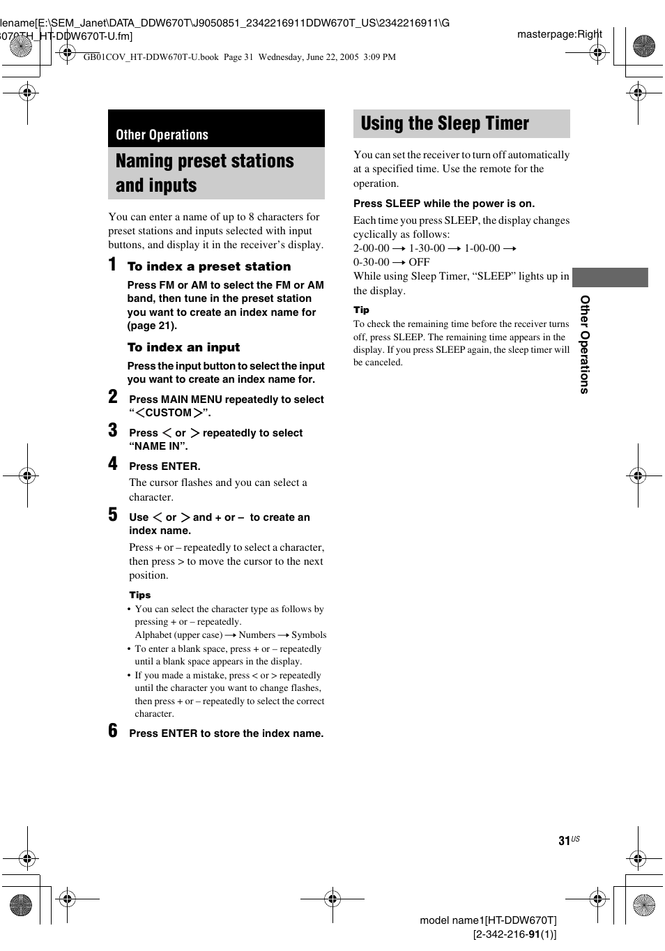 Other operations, Naming preset stations and inputs, Using the sleep timer | Sony HT-DDW670T User Manual | Page 31 / 44