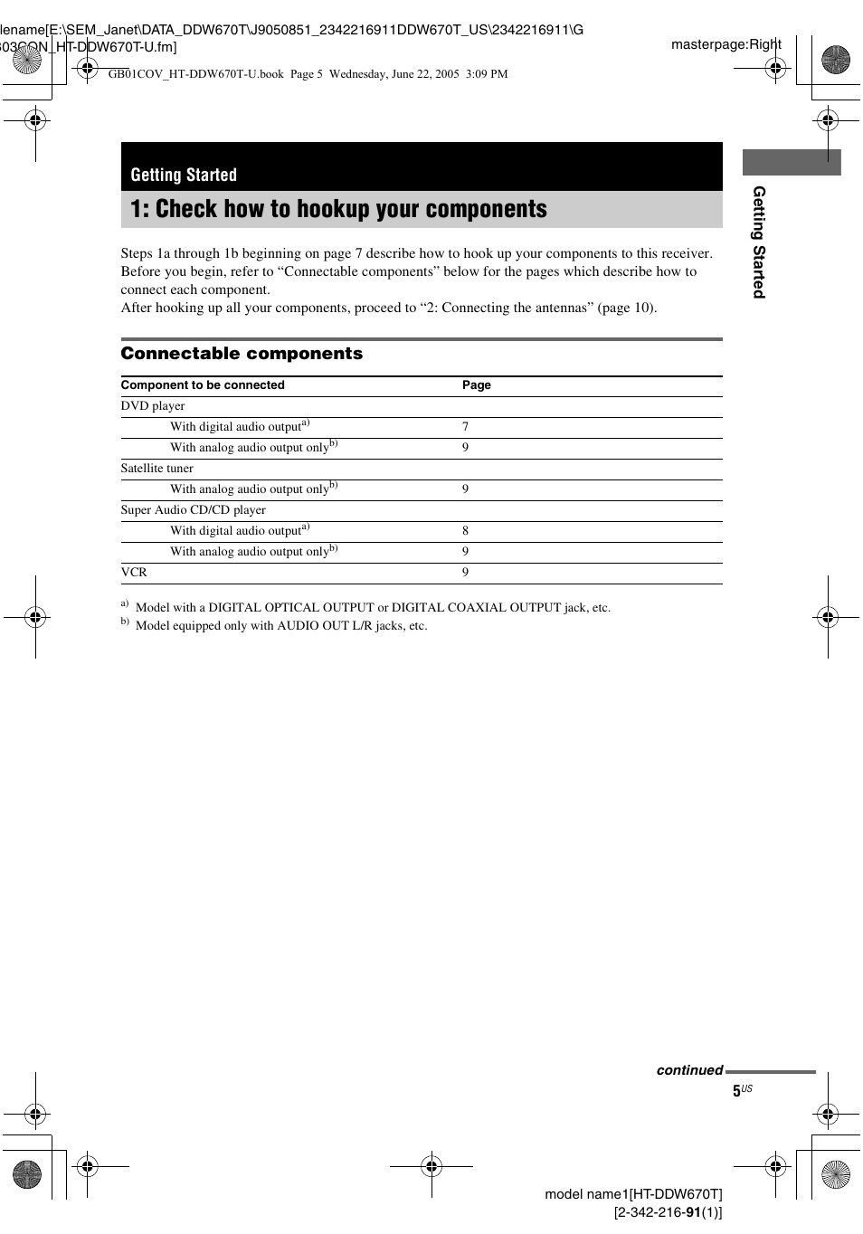 Getting started, Check how to hookup your components, Check how to hookup your | Components, Connectable components | Sony HT-DDW670T User Manual | Page 5 / 44