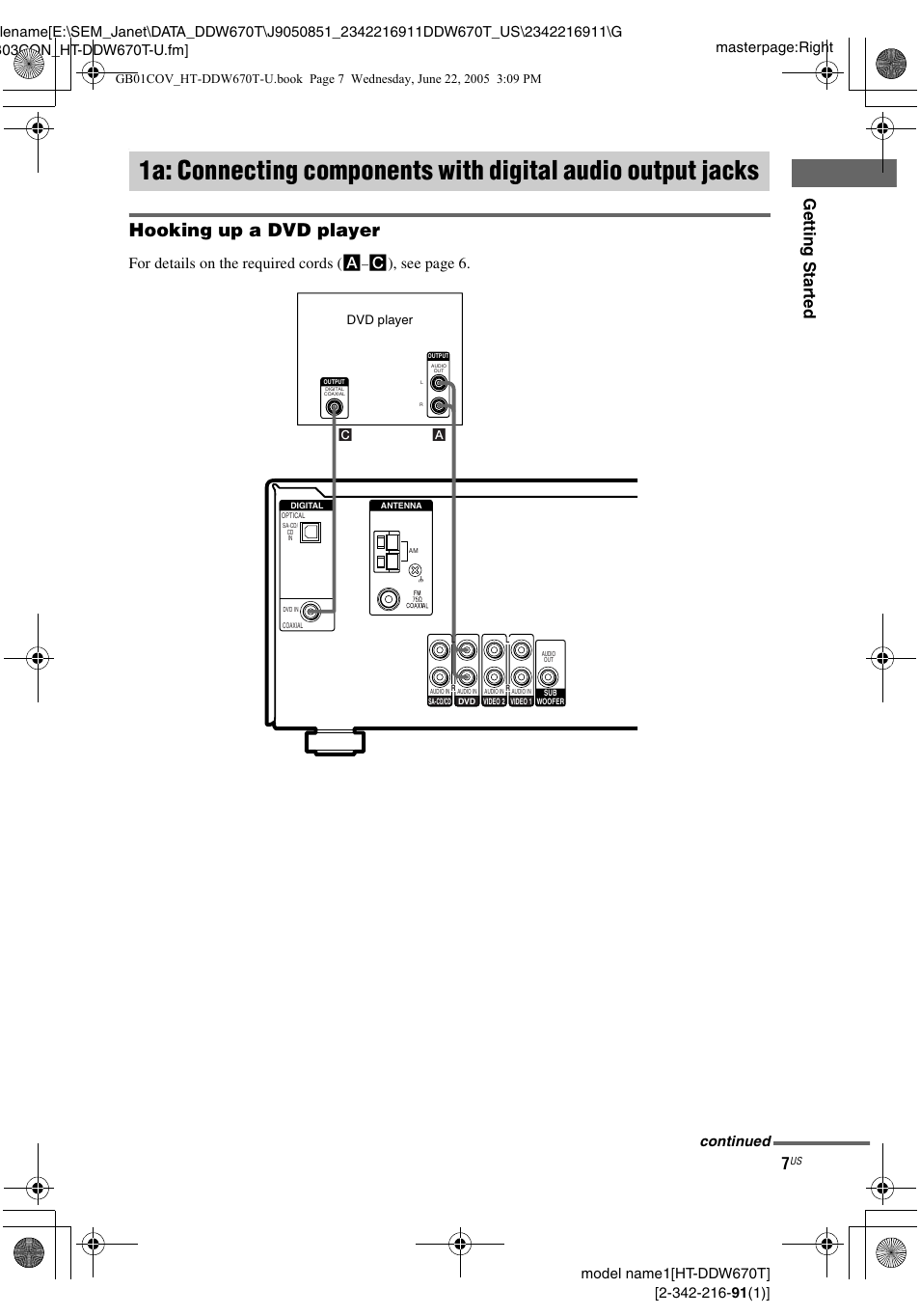 1a: connecting components with, Digital audio output jacks, Hooking up a dvd player | Gettin g star ted, For details on the required cords ( a, C), see page 6, Continued | Sony HT-DDW670T User Manual | Page 7 / 44