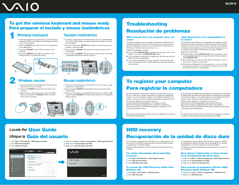 User guide, Guía del usuario, Locate the | Ubique la, Wireless keyboard, Wireless mouse, Teclado inalámbrico, Mouse inalámbrico | Sony VGC-LS1 User Manual | Page 2 / 2