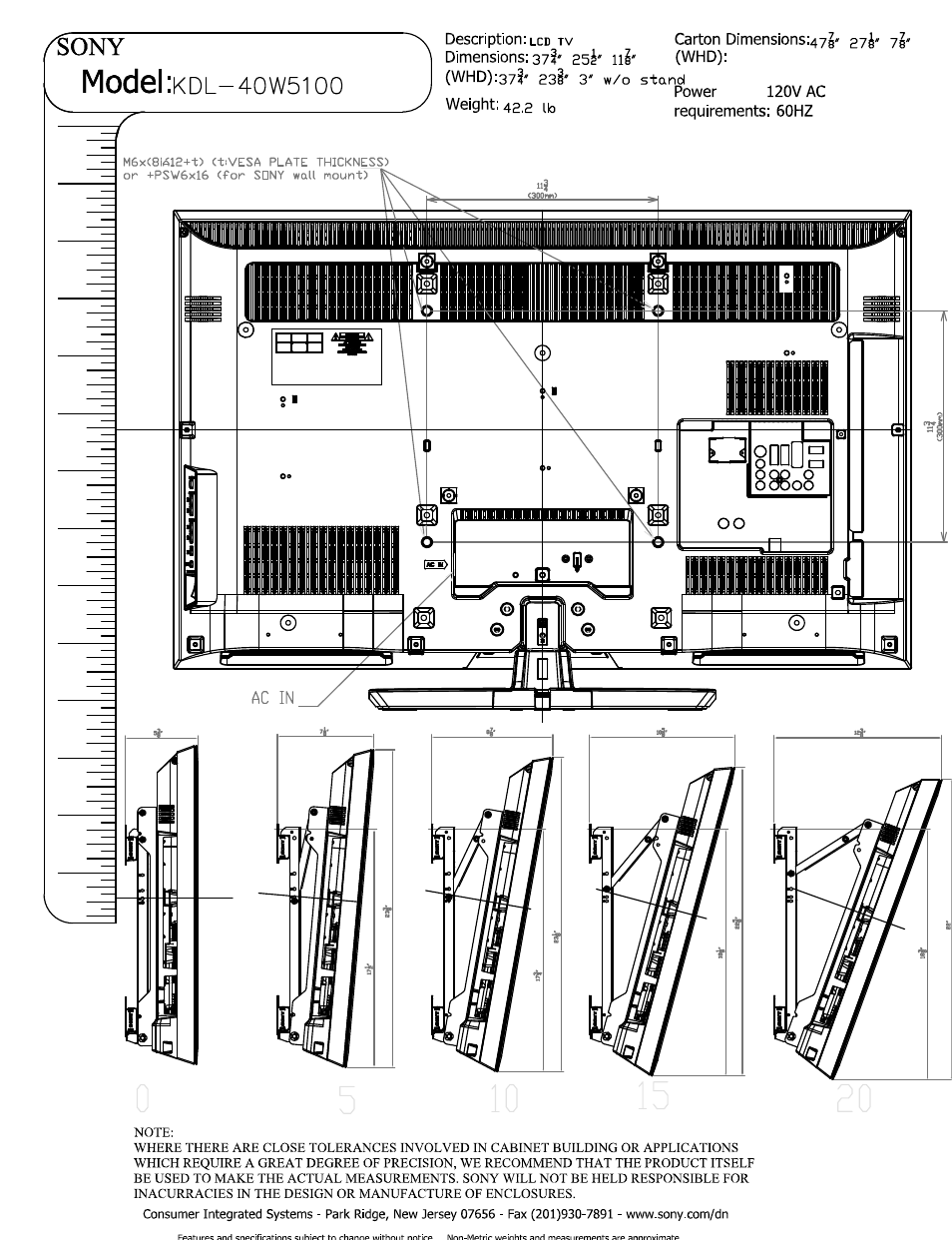 Owin i \ dimensions: 37?' 25^' lli' (whd), Weight: 42,2 ib requirements: 60hz, Model | Sony KDL-40W5100 User Manual | Page 2 / 2