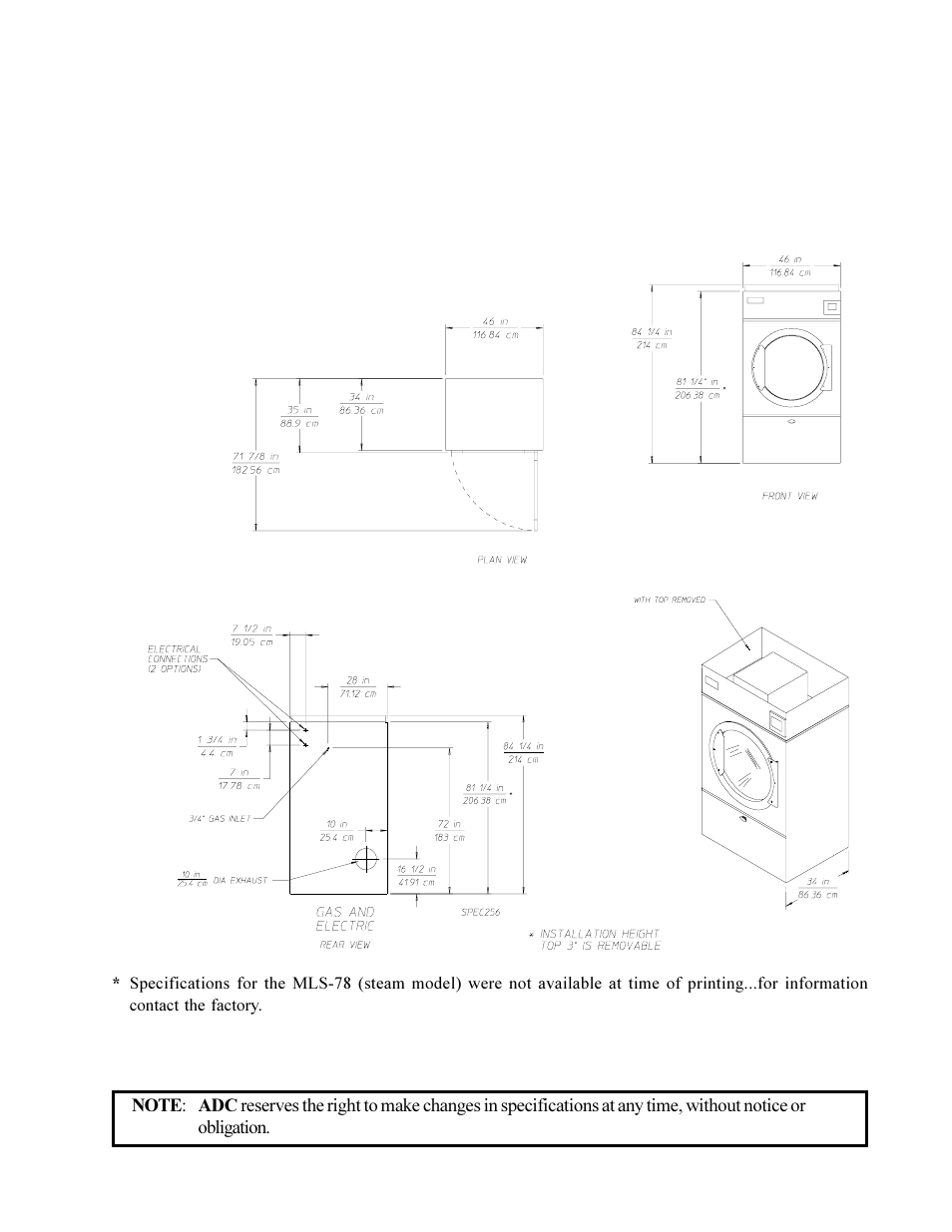 Specifications, Mlg-78 (gas) mls-78 (steam) | American Dryer Corp. ML-78 User Manual | Page 11 / 53