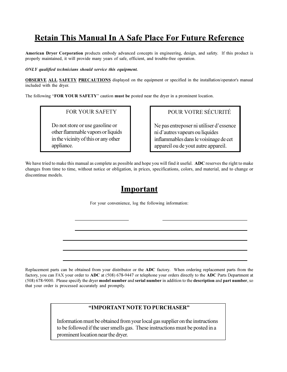 Important, Ml-78 | American Dryer Corp. ML-78 User Manual | Page 2 / 53