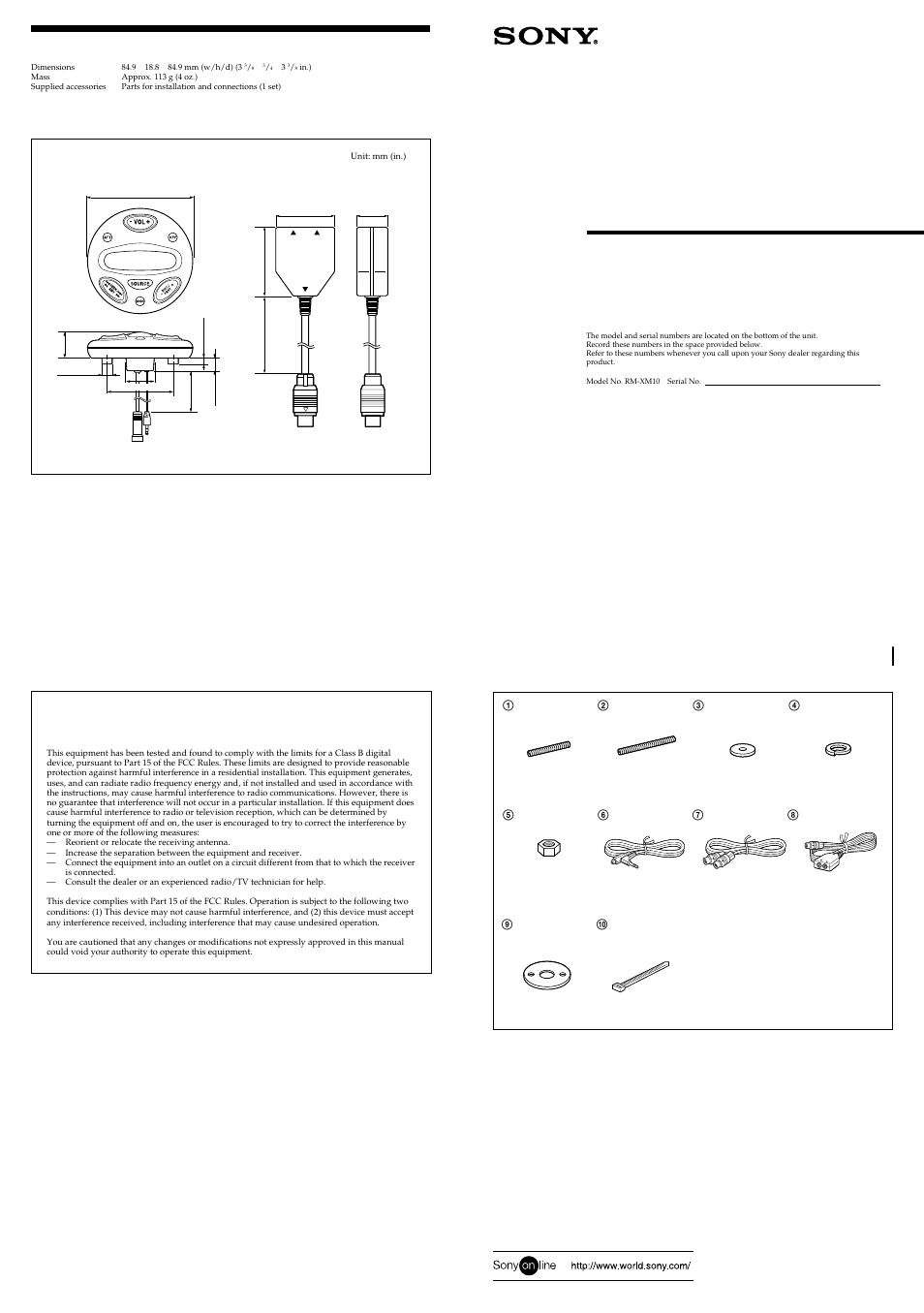 Sony RM-XM10W User Manual | 2 pages