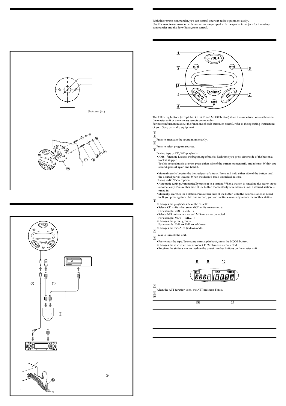 Features, Location and function of controls, Installation | Connection | Sony RM-XM10W User Manual | Page 2 / 2