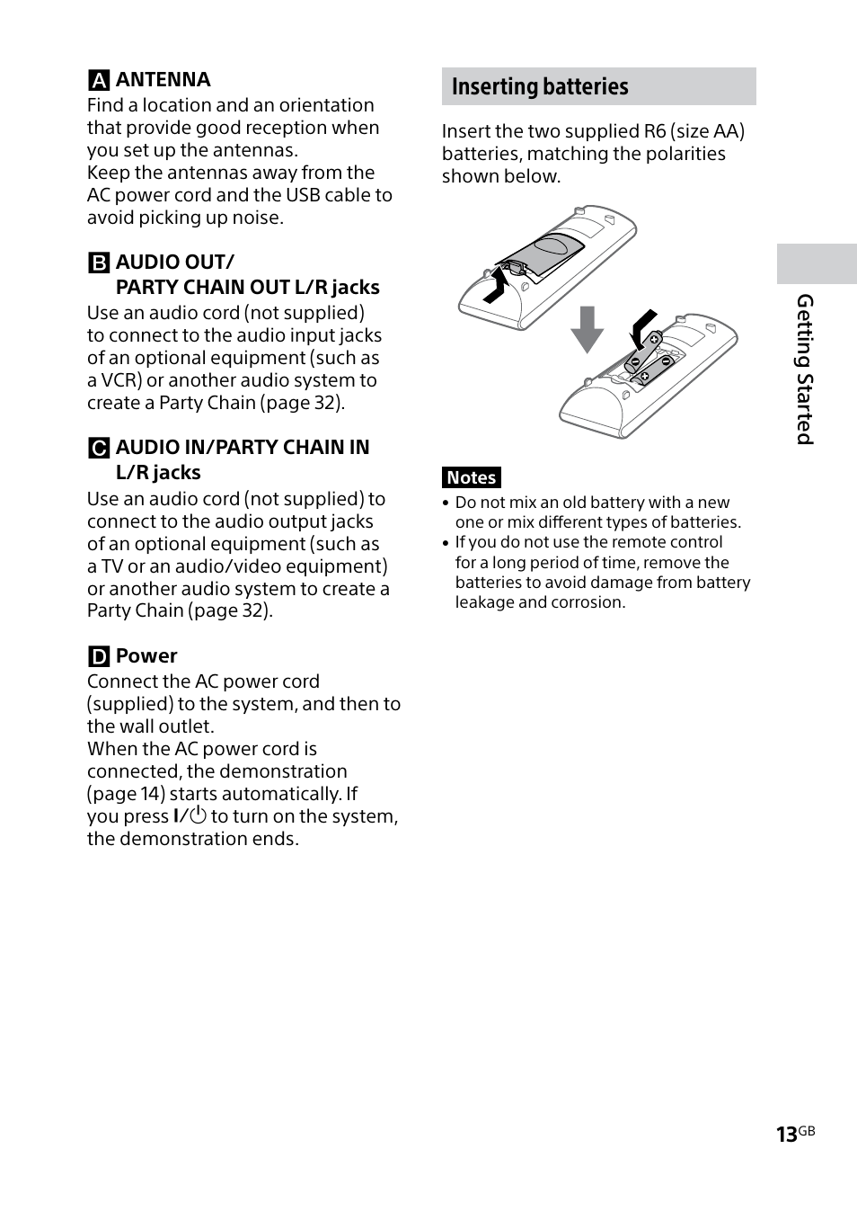 Inserting batteries | Sony MHC-V5 User Manual | Page 13 / 52