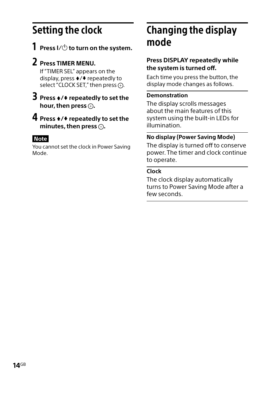 Setting the clock, Changing the display mode, Setting the clock changing the display | Mode, Setting the clock 1 | Sony MHC-V5 User Manual | Page 14 / 52