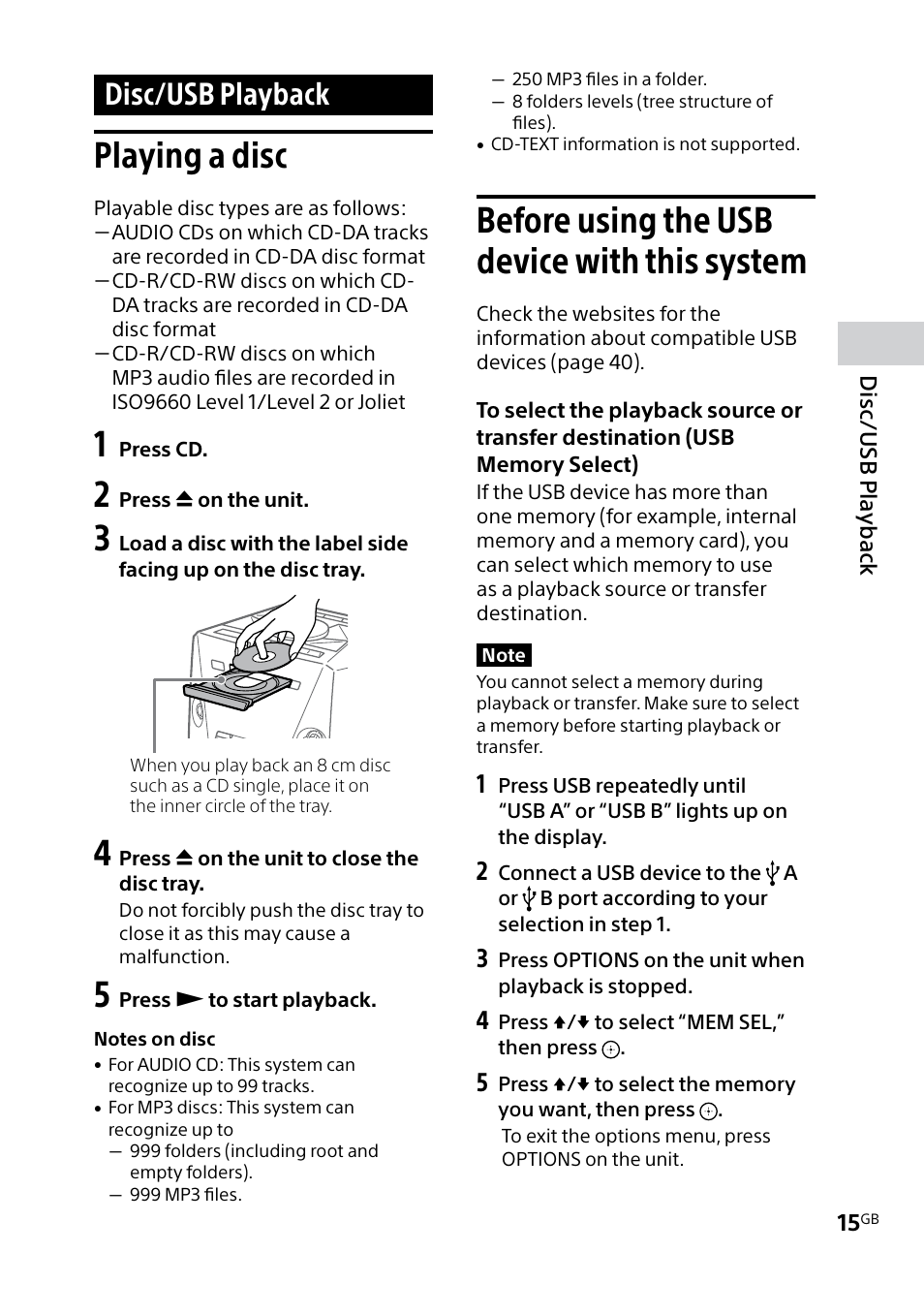 Disc/usb playback, Playing a disc, Before using the usb device with this system | Playing a disc before using the usb device, With this system | Sony MHC-V5 User Manual | Page 15 / 52