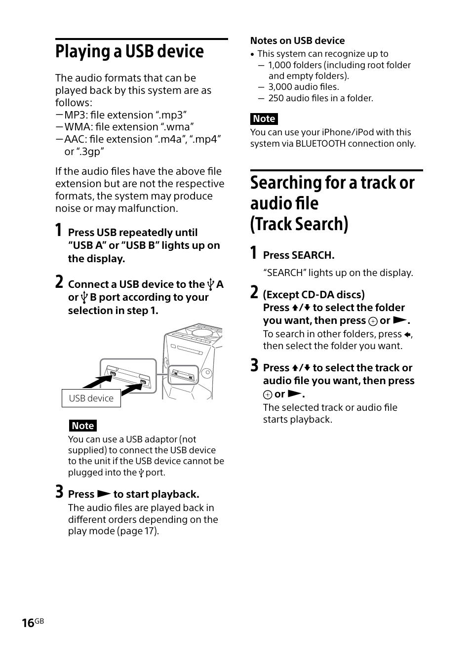 Playing a usb device, Searching for a track or audio file (track search), Playing a usb device searching for a track or | Audio file (track search) | Sony MHC-V5 User Manual | Page 16 / 52