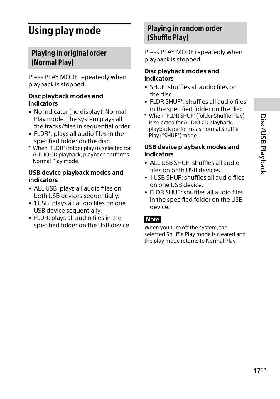 Using play mode, Playing in original order (normal play), Playing in random order (shuffle play) | Disc/usb playback | Sony MHC-V5 User Manual | Page 17 / 52