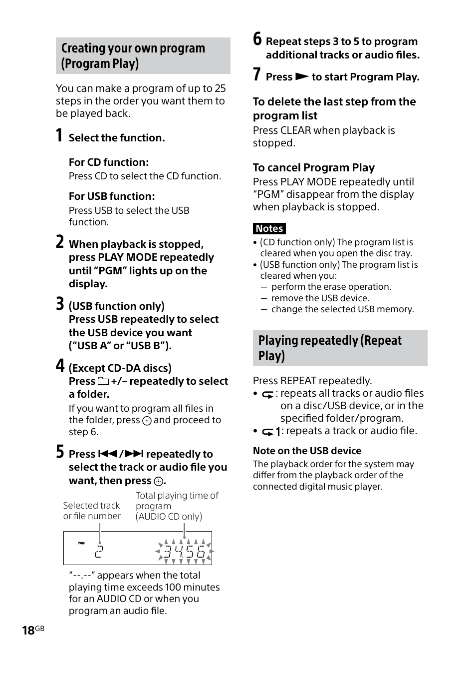 Creating your own program (program play), Playing repeatedly (repeat play) | Sony MHC-V5 User Manual | Page 18 / 52