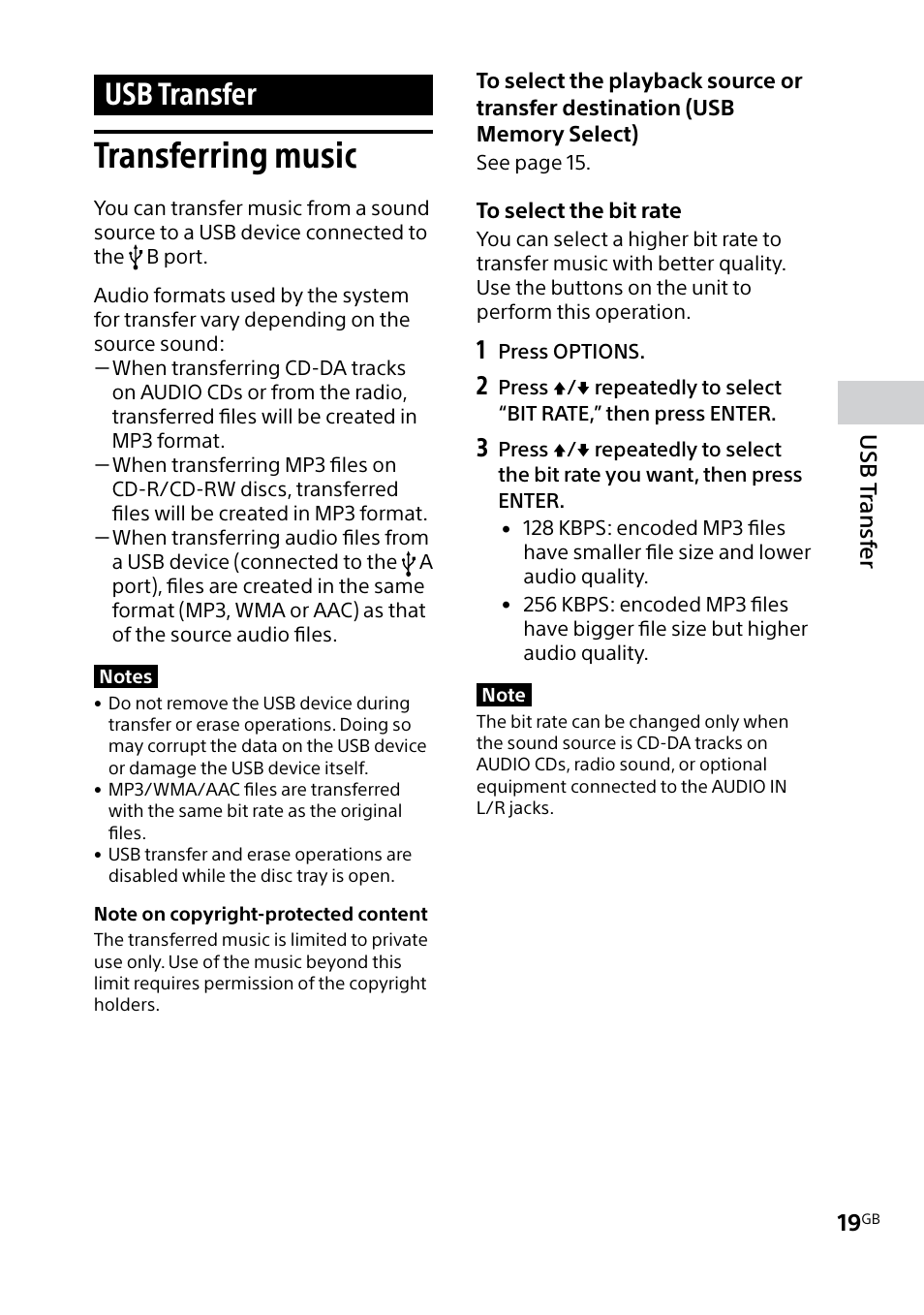 Usb transfer, Transferring music | Sony MHC-V5 User Manual | Page 19 / 52