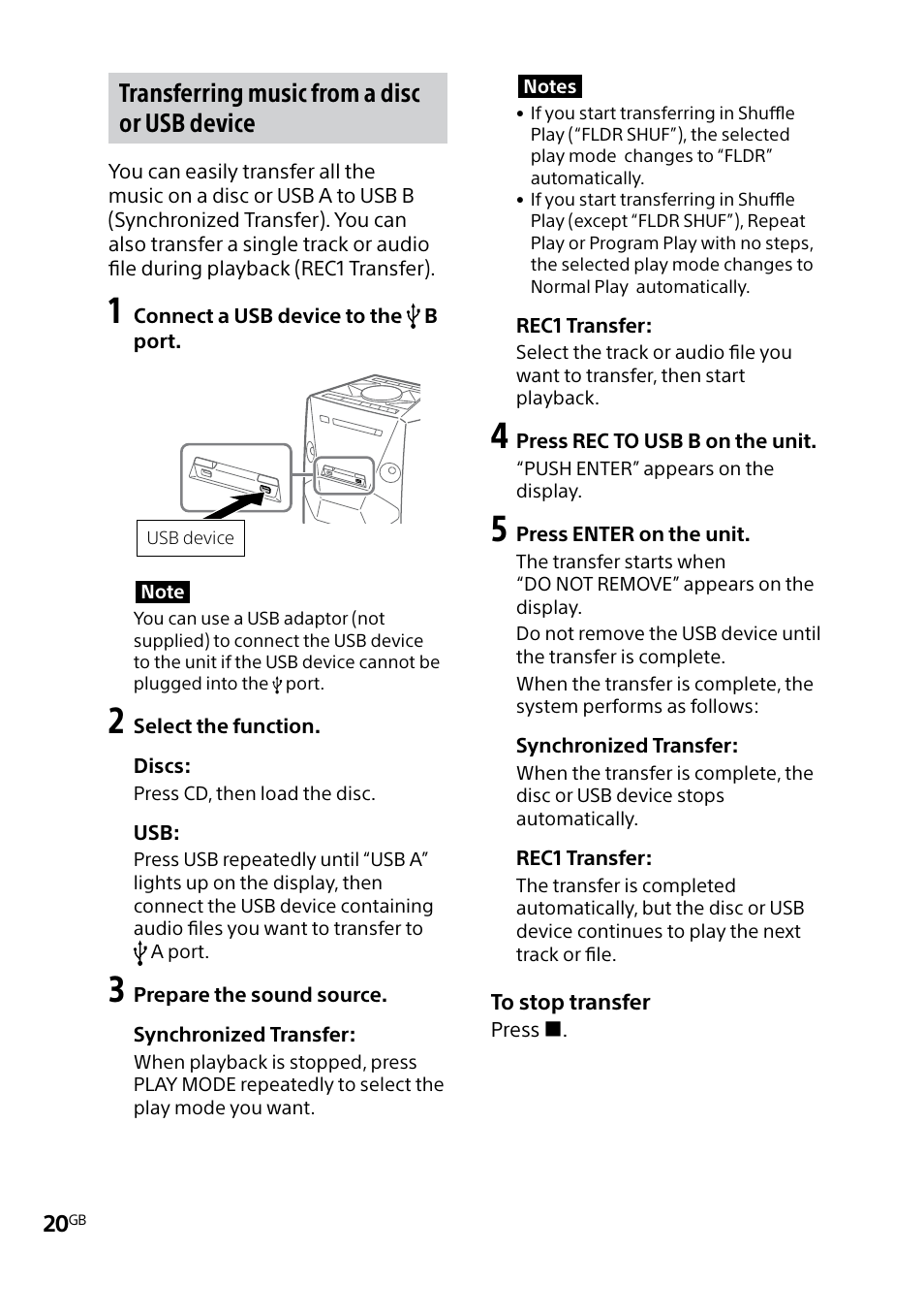 Transferring music from a disc or usb device | Sony MHC-V5 User Manual | Page 20 / 52
