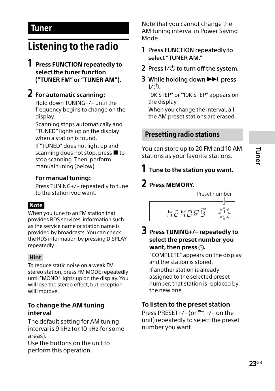 Tuner, Listening to the radio, Listening to the radio 1 | Sony MHC-V5 User Manual | Page 23 / 52