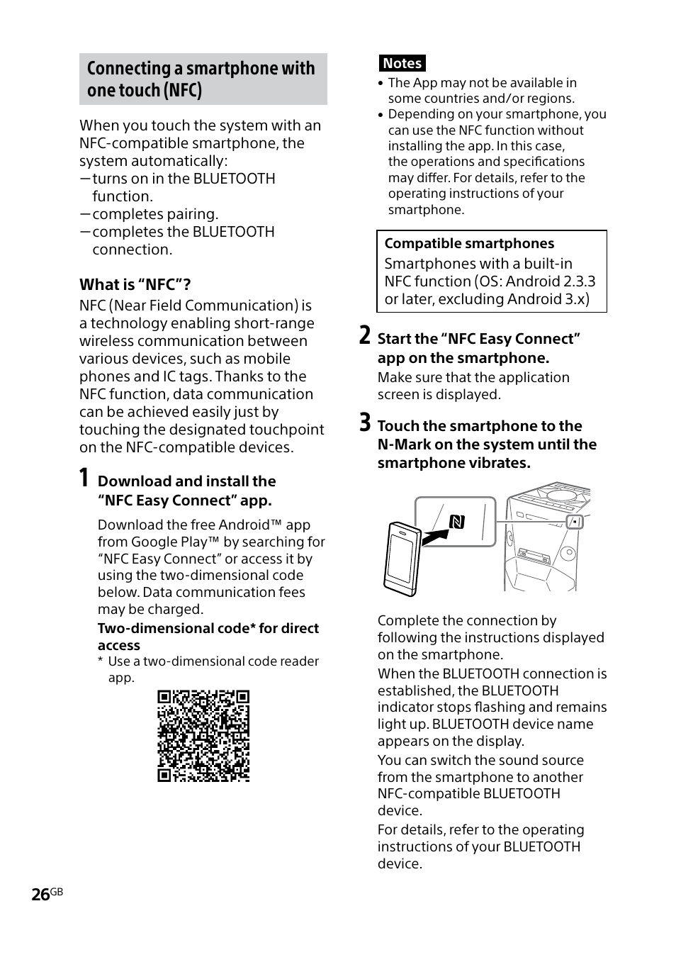 Connecting a smartphone with one touch (nfc) | Sony MHC-V5 User Manual | Page 26 / 52