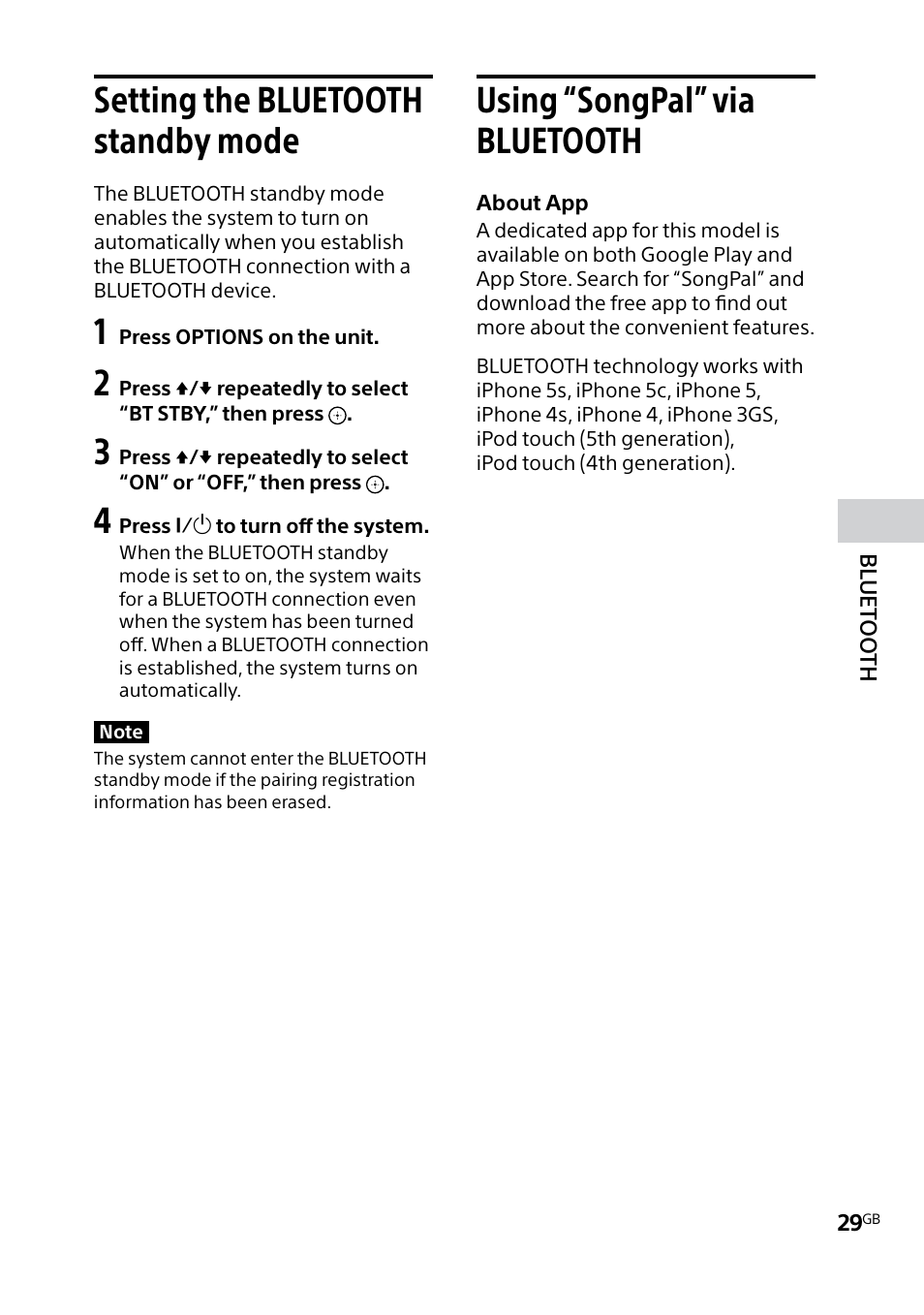 Setting the bluetooth standby mode, Using “songpal” via bluetooth, Setting the bluetooth | Standby mode using “songpal” via, Bluetooth | Sony MHC-V5 User Manual | Page 29 / 52