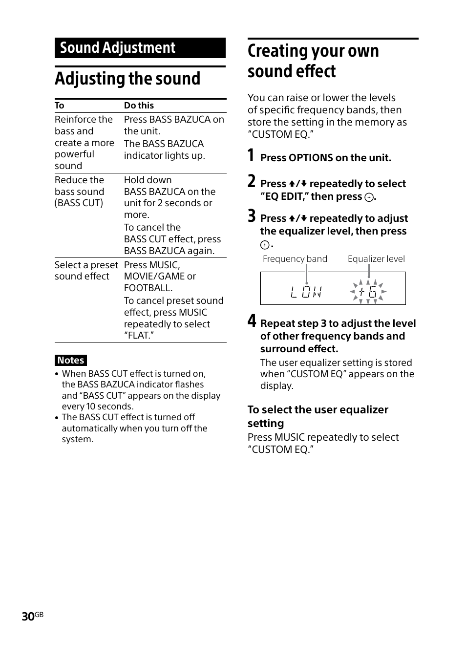 Sound adjustment, Adjusting the sound, Creating your own sound effect | Adjusting the sound creating your own sound, Effect | Sony MHC-V5 User Manual | Page 30 / 52