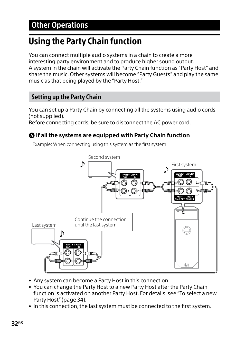 Other operations, Using the party chain function, Using the party chain | Function, Setting up the party chain | Sony MHC-V5 User Manual | Page 32 / 52