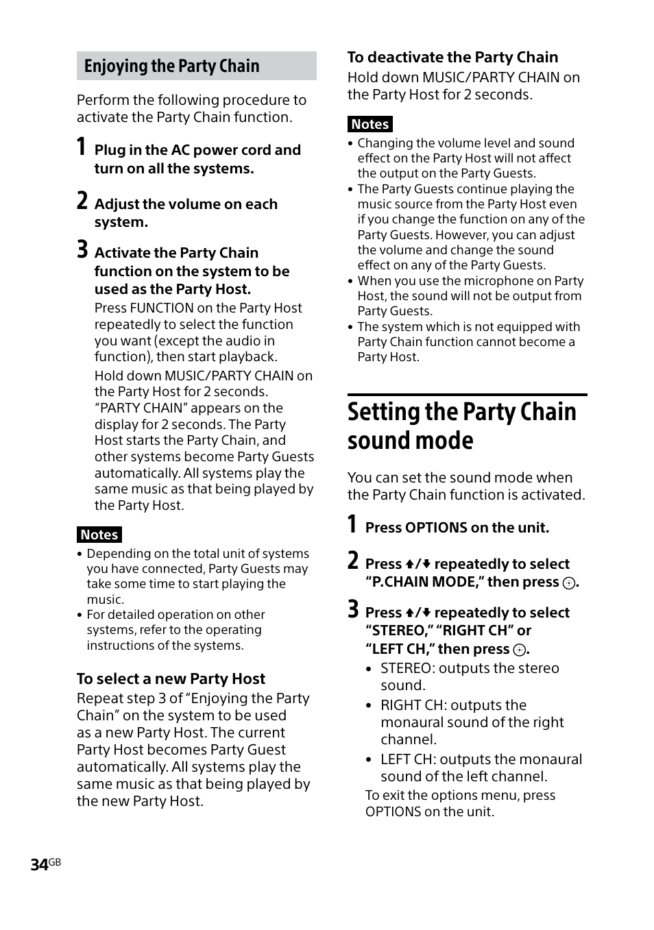 Setting the party chain sound mode, Setting the party chain, Sound mode | Enjoying the party chain | Sony MHC-V5 User Manual | Page 34 / 52