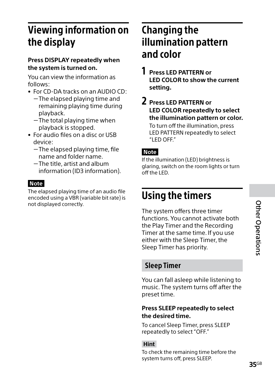 Viewing information on the display, Changing the illumination pattern and color, Using the timers | Viewing information on the, Display changing the illumination, Pattern and color using the timers, Changing the illumination pattern and color 1, Sleep timer | Sony MHC-V5 User Manual | Page 35 / 52