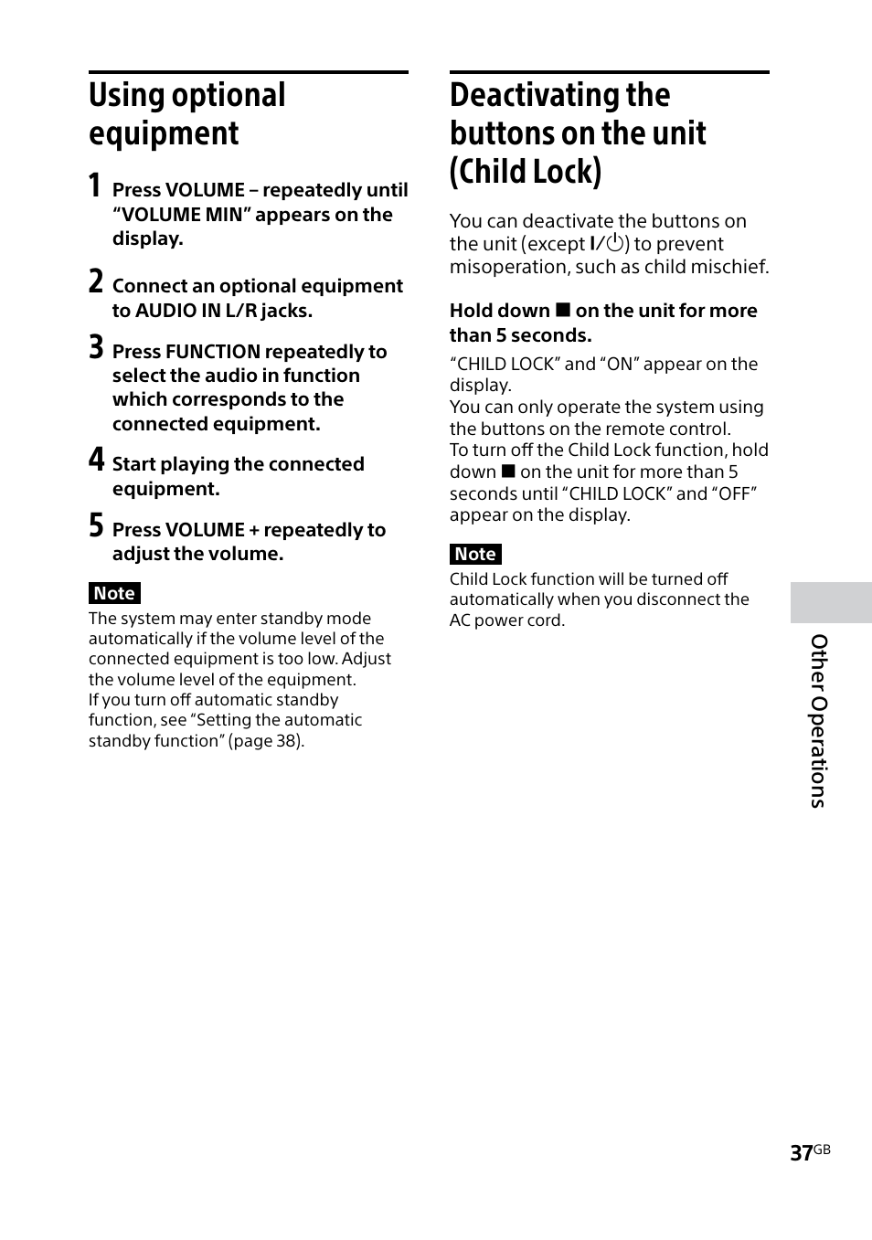 Using optional equipment, Deactivating the buttons on the unit (child lock), The unit (child lock) | Using optional equipment 1 | Sony MHC-V5 User Manual | Page 37 / 52