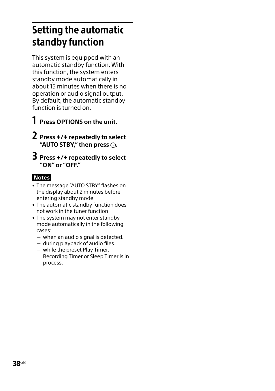 Setting the automatic standby function, Setting the automatic, Standby function | Sony MHC-V5 User Manual | Page 38 / 52