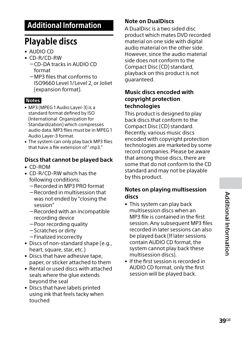 Additional information, Playable discs, Additional inf orma tion | Sony MHC-V5 User Manual | Page 39 / 52