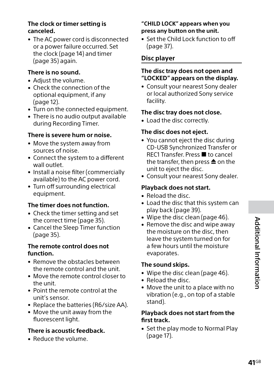 Additional inf orma tion, Disc player | Sony MHC-V5 User Manual | Page 41 / 52