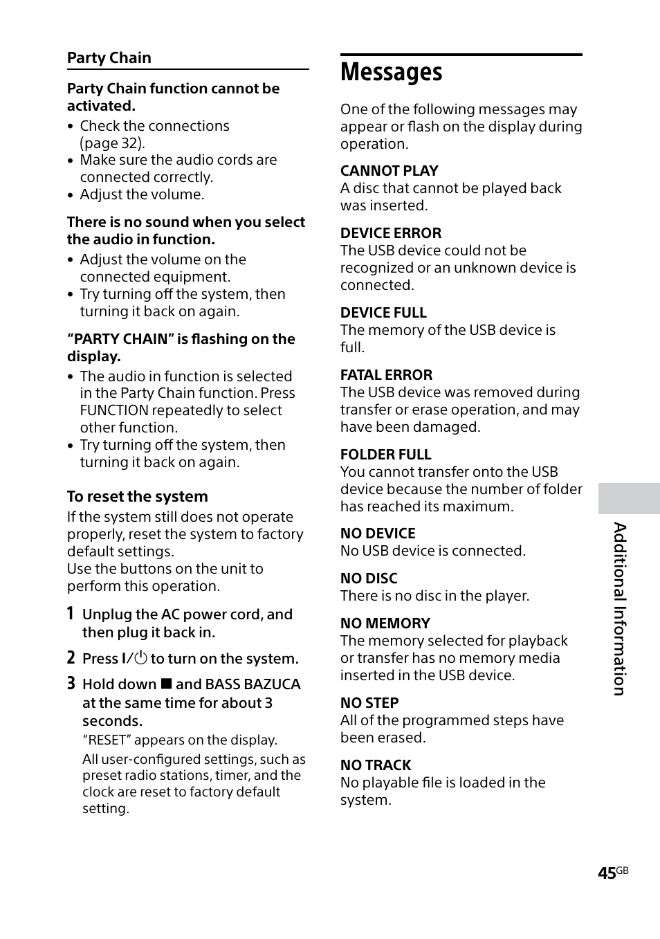 Messages | Sony MHC-V5 User Manual | Page 45 / 52