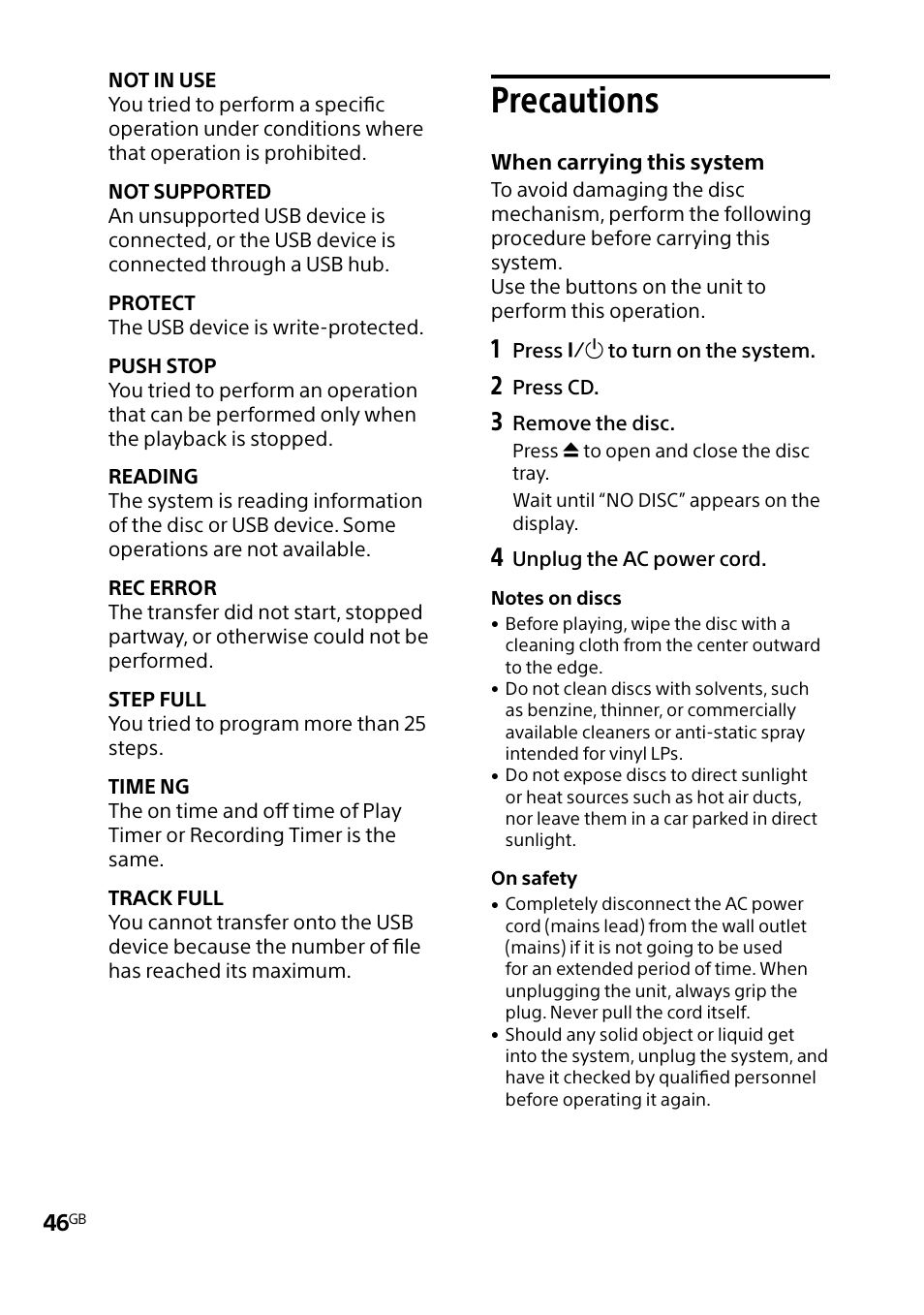 Precautions | Sony MHC-V5 User Manual | Page 46 / 52