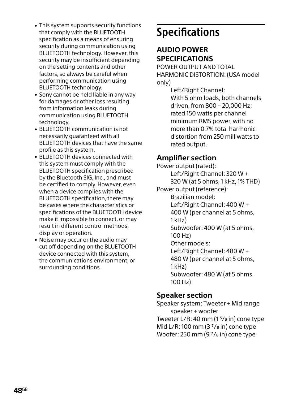 Specifications, Audio power specifications | Sony MHC-V5 User Manual | Page 48 / 52