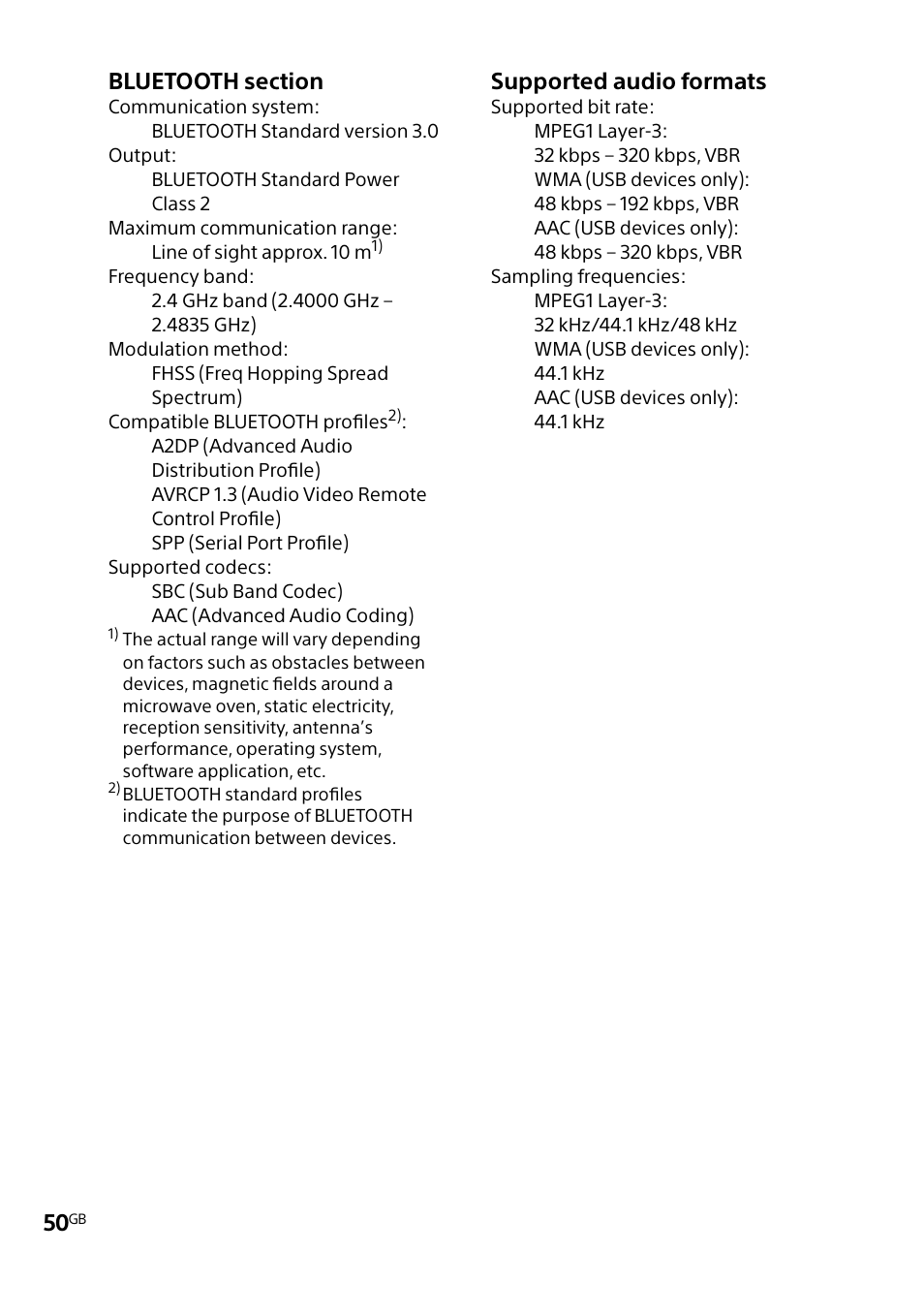 Supported audio formats | Sony MHC-V5 User Manual | Page 50 / 52