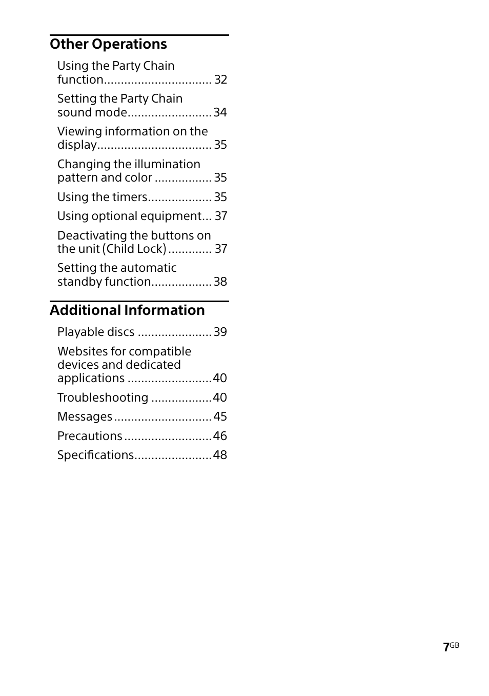 Other operations, Additional information | Sony MHC-V5 User Manual | Page 7 / 52