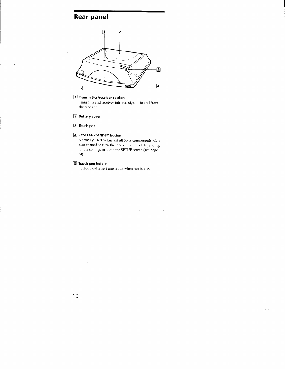 Rear panel, T] transmitter/receiver section, 2 battery cover | 3] touch pen, G] system/standby button, In touch pen holder | Sony RM-TP502 User Manual | Page 10 / 27