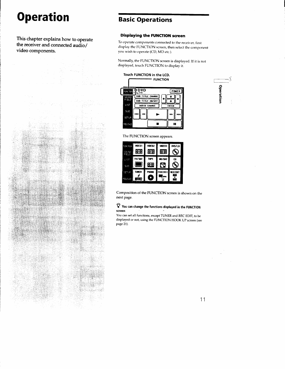 Operation, Basic operations, Displaying the function screen | Touch function in the lcd, Ifli, Q !0 | Sony RM-TP502 User Manual | Page 11 / 27