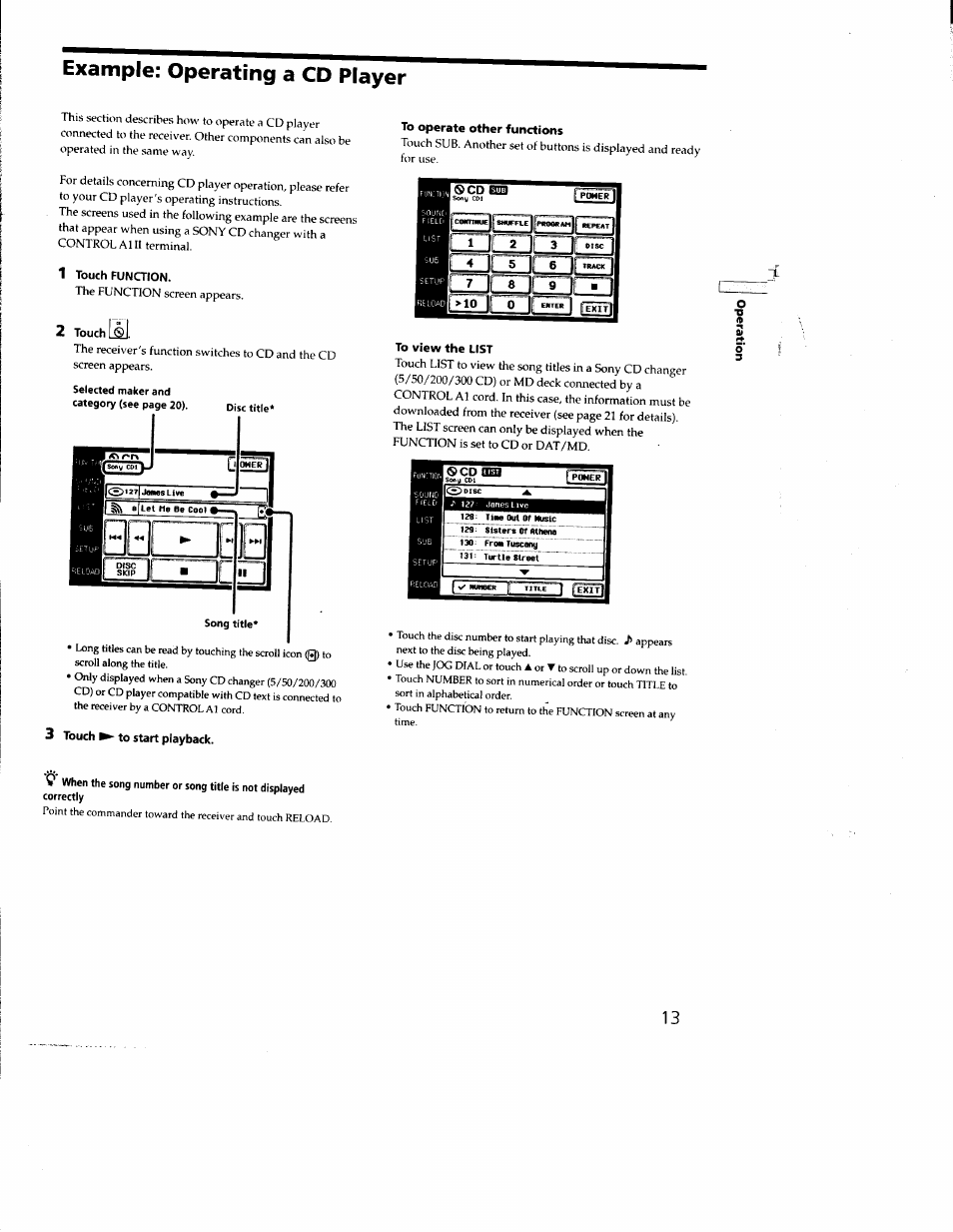 1 touch function, To operate other functions, Touch l | 3 touch ^ to start playback, To view the list, Fexrrl, Example: operating a cd player | Sony RM-TP502 User Manual | Page 13 / 27
