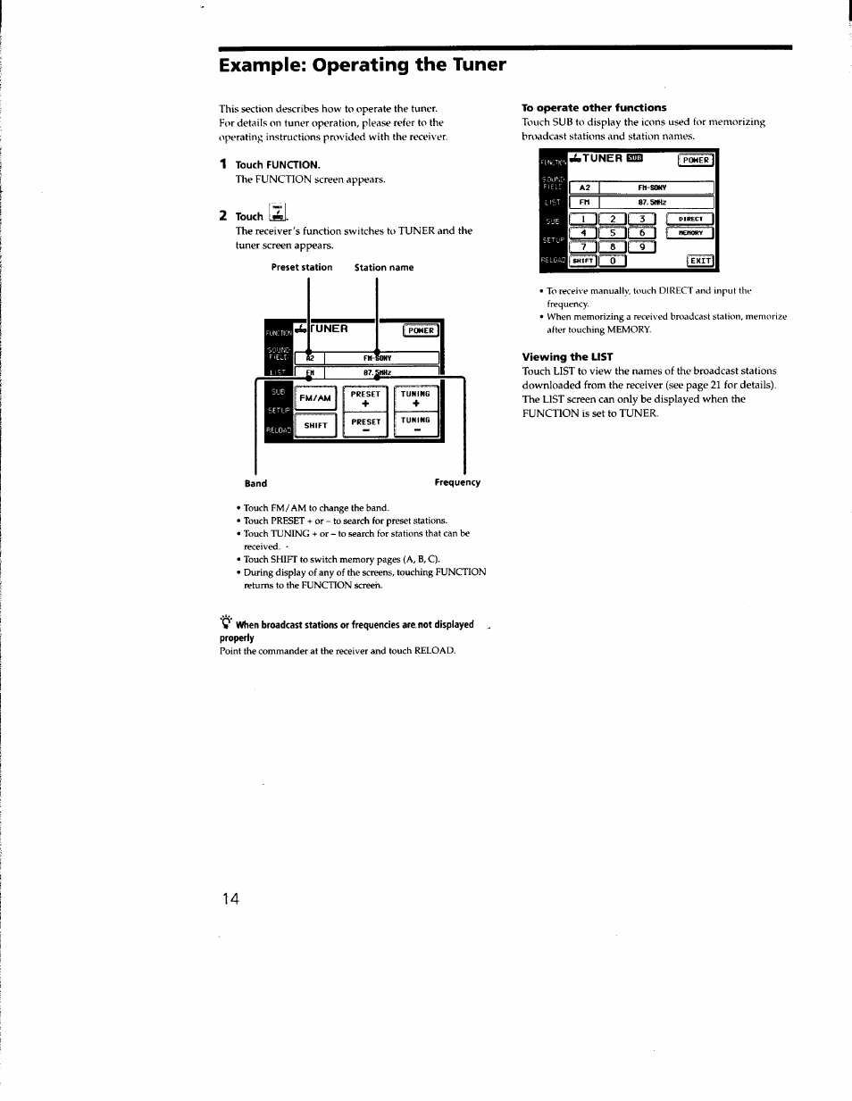 1 touch function, 2 touch [¿1, To operate other functions | Viewing the list, Example: operating the tuner | Sony RM-TP502 User Manual | Page 14 / 27