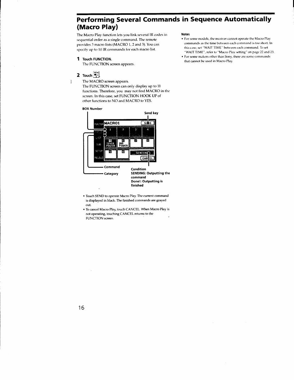 1 touch function, Notes, Touch | Si4in | Sony RM-TP502 User Manual | Page 16 / 27