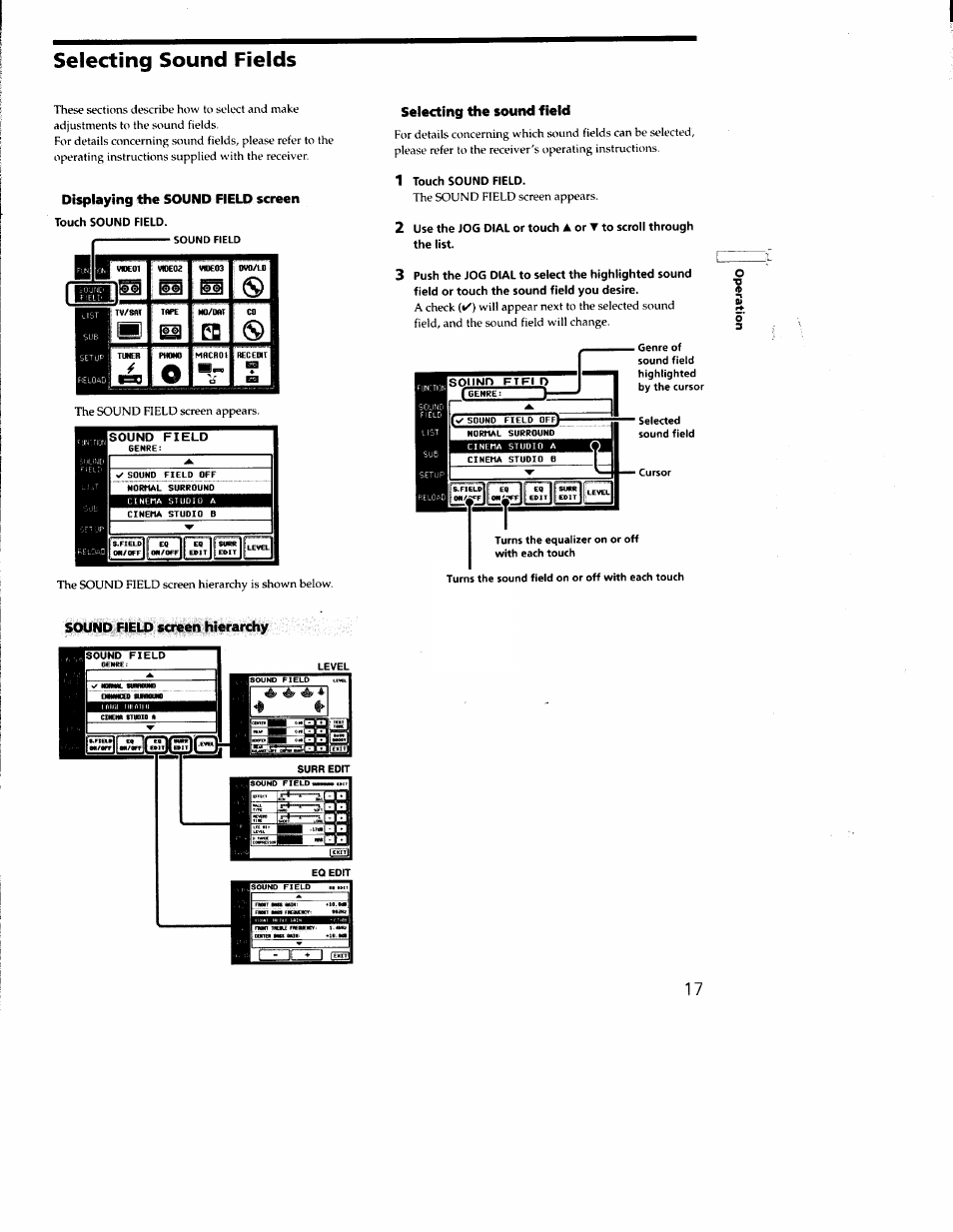 Selecting sound fields, Displaying the sound field screen, Touch sound field | Sound field, Sound field screen hierarchy, Selecting the sound field, 1 touch sound field | Sony RM-TP502 User Manual | Page 17 / 27