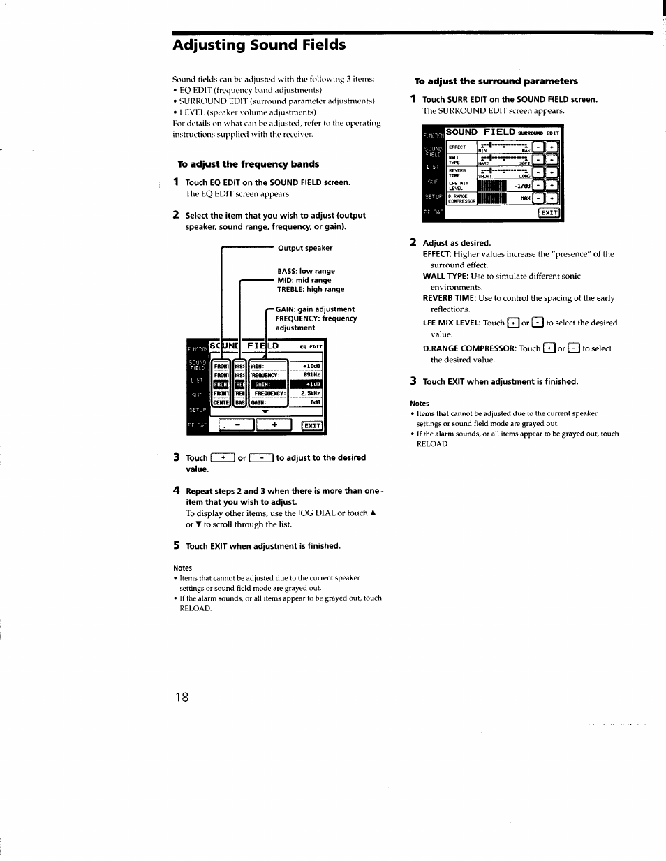 Adjusting sound fields, To adjust the frequency bands, 1 touch eq edit on the sound field screen | To adjust the surround parameters, 1 touch surr edit on the sound field screen, 2 adjust as desired, 3 touch exit when adjustment is finished, I to adjust to the desired, 5 touch exit when adjustment is finished | Sony RM-TP502 User Manual | Page 18 / 27