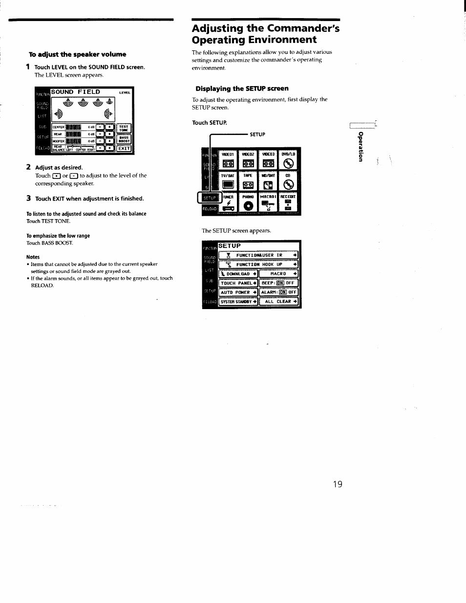 To adjust the speaker volume, 1 touch level on the sound field screen, 2 adjust as desired | 3 touch exit when adjustment is finished, Adjusting the commander's operating environment, Displaying the setup screen, Touch setup, Isetup | Sony RM-TP502 User Manual | Page 19 / 27