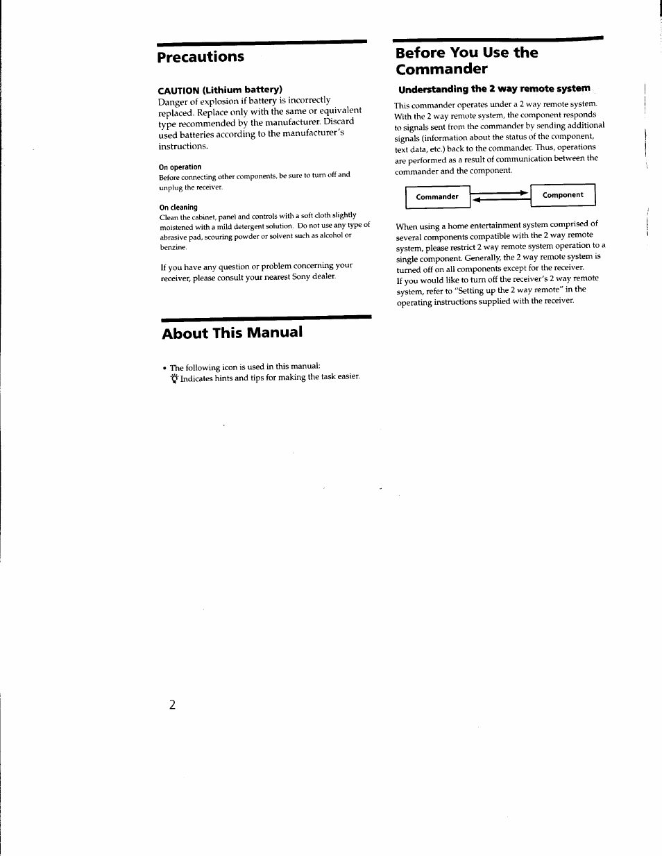 Precautions, Caution (lithium battery), Before you use the commander | Understanding the 2 way remote system, About this manual | Sony RM-TP502 User Manual | Page 2 / 27