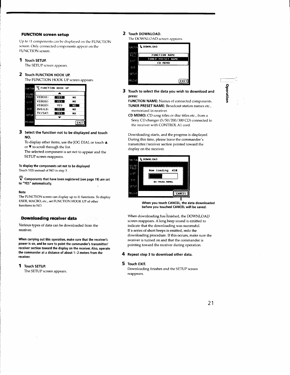 Function screen setup, 1 touch setup, 2 touch function hook ur | 2 touch download, Downloading receiver data, 4 repeat step 3 to download other data, 5 touch exit | Sony RM-TP502 User Manual | Page 21 / 27